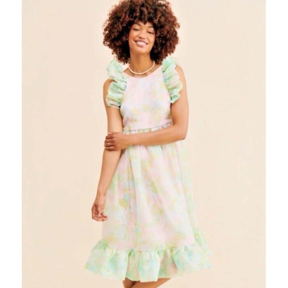 Selkie‎ Maison Amory Ruffle Romance Organza Floral Midi Dress Pink Green Medium